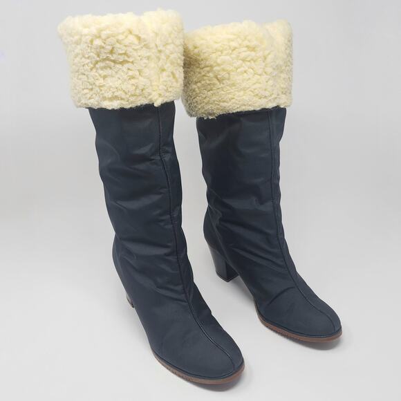Golo Boots Women 8M Vintage 1970s Black Nylon Sheepskin Fold Over Waterproof - Picture 2 of 13
